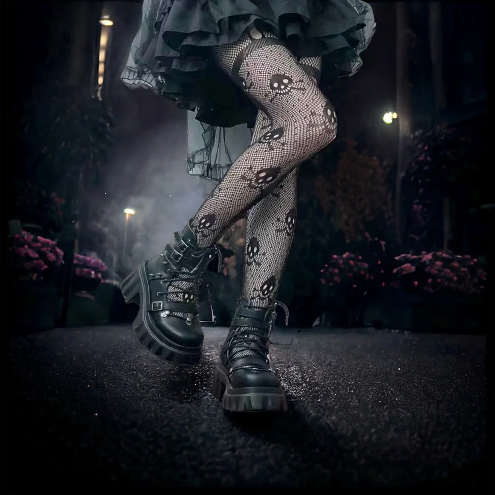 Skull Pattern Black Fishnet Tights, Halloween Hollow Out High Waist Mesh Pantyho